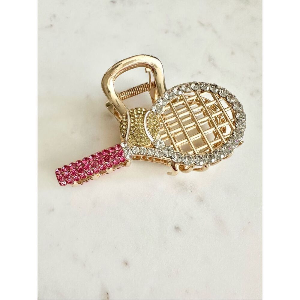 Rhinestone tennis racket and ball metal hair clip 